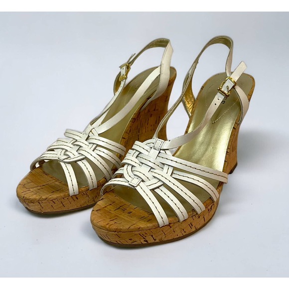 Womens Guess White Platform Sandal 8 Cork Leather 4 Inch Summer Straps Wedge - Picture 1 of 10